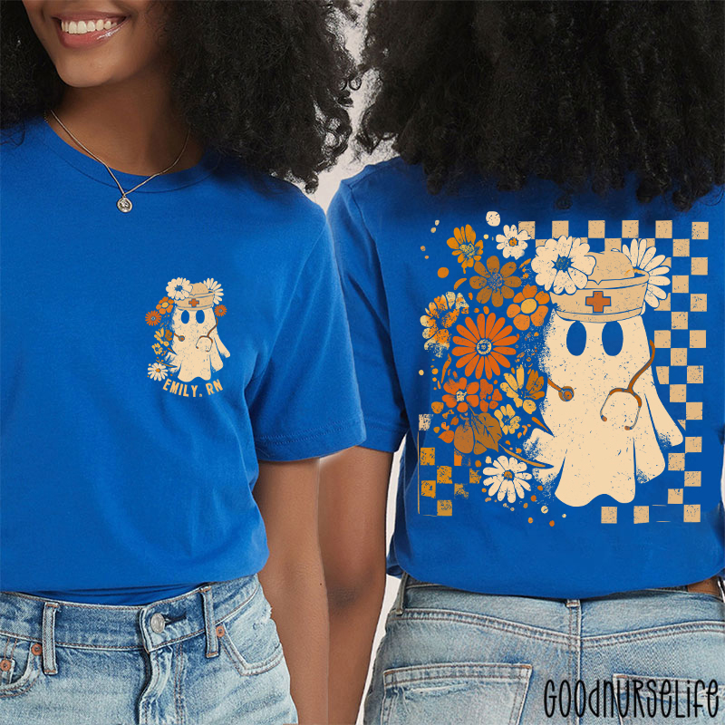 Personalized Checkerboard And Flower Ghost Nurse Two Sided T-Shirt