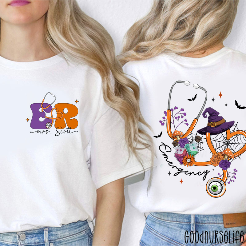 Personalized Halloween Stethoscope Emergency Two Sided T-Shirt