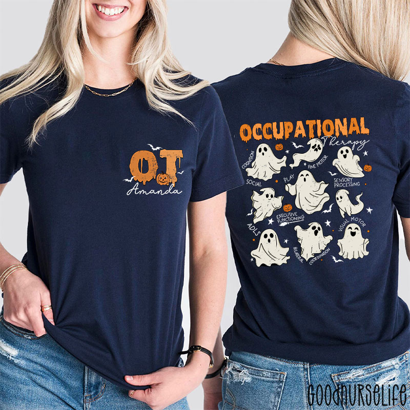 Personalized Halloween Themed Occupational Therapy Ghosts Two Sided T-Shirt