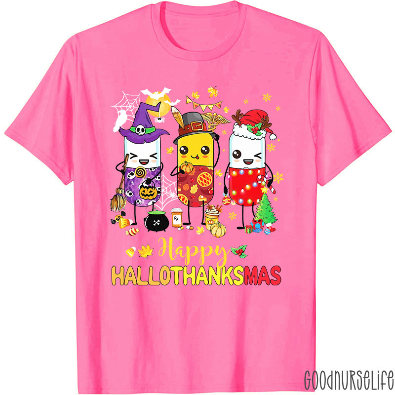 Pharmacy Holiday HalloThanksMas Pill Characters T-Shirt