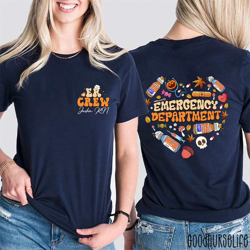 Personalized Autumn Heart Emergency Department Nurse Two Sided T-Shirt