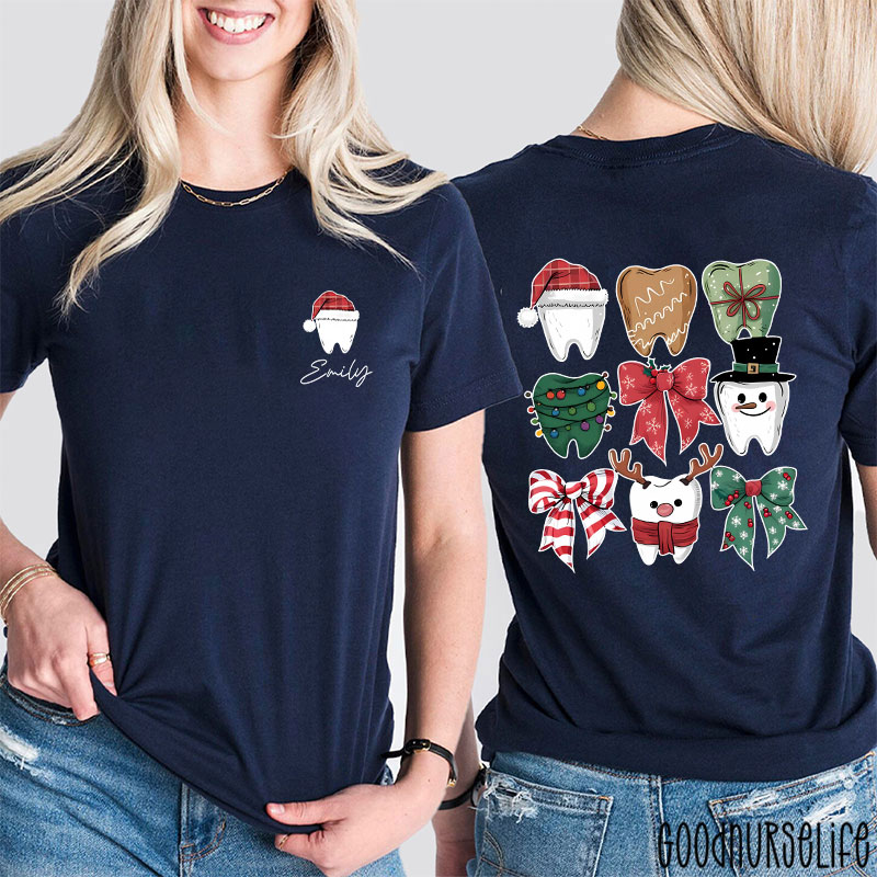 Personalized Christmas Dental Festive Tooth Nurse Two Sided T-Shirt