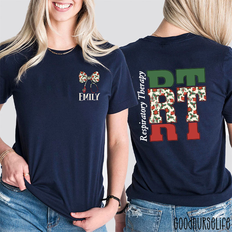Personalized Christmas Bow And Stethoscope Christmas Floral Nurse Two Sided T-Shirt