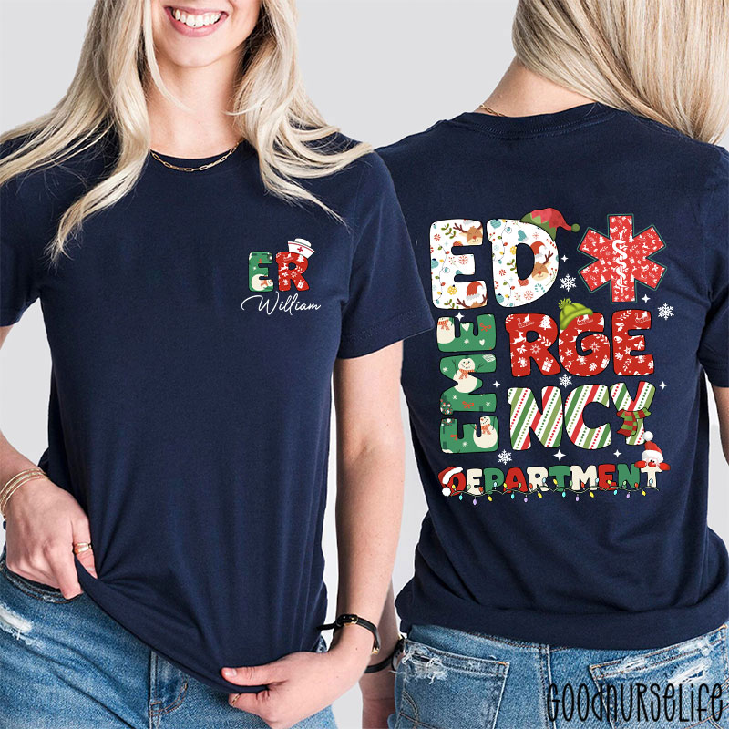 Personalized Festive ED Urgency Nurse Two Sided T-Shirt