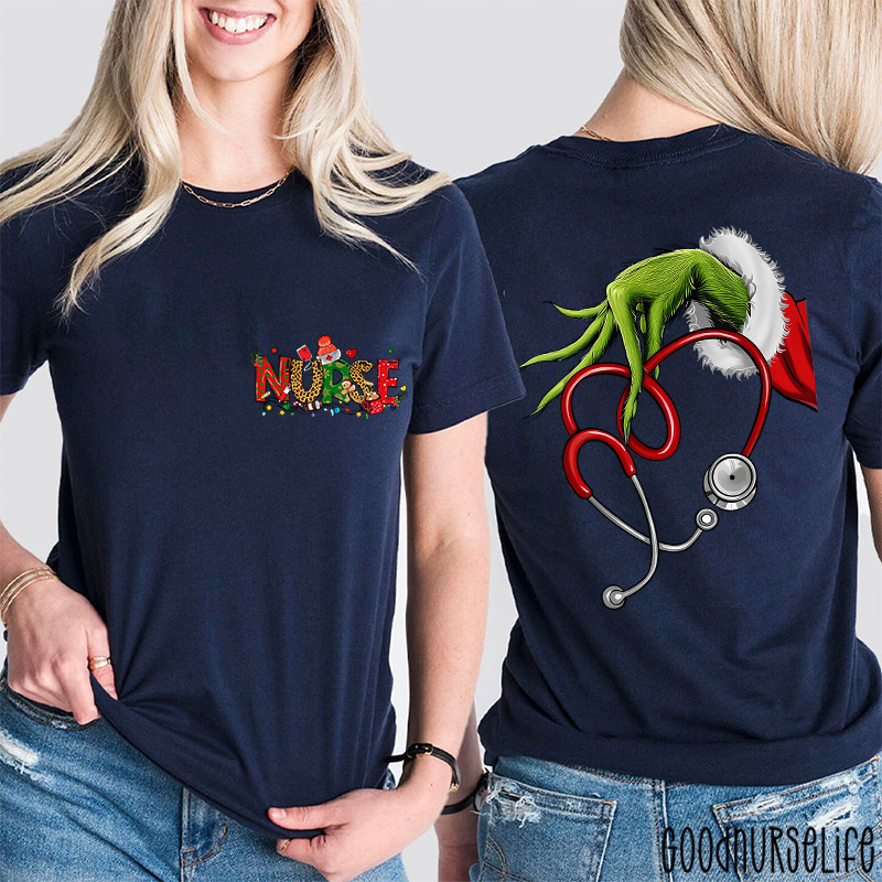 Personalized Hand With Stethoscope Heart Festive Healthcare Nurse Two Sided T-Shirt