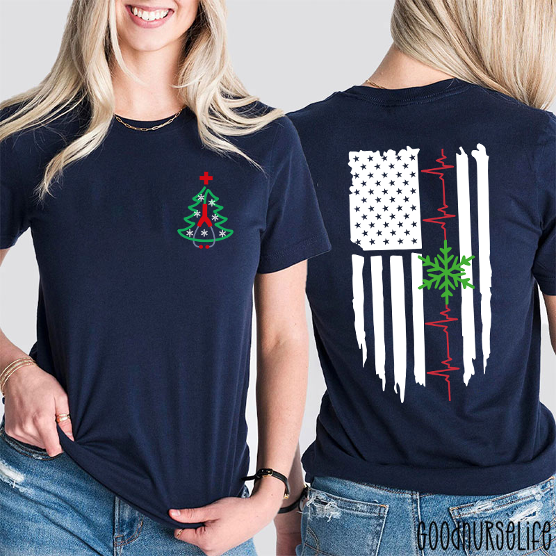 Christmas Medical American Flag Snowflake Two Sided T-Shirt