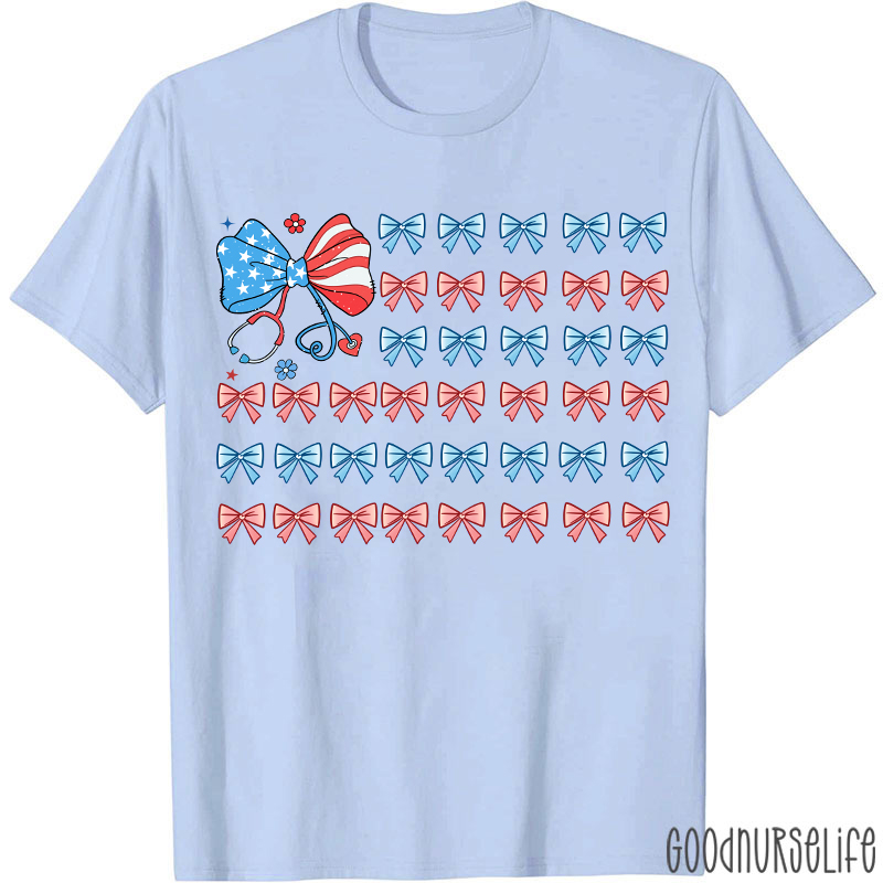 American Flag Patriotic 4th Of July Coquette Bow Nurse T-Shirt