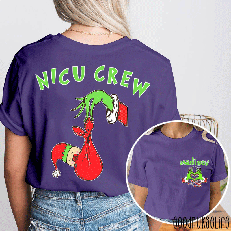 Personalized Name Holiday NICU Crew Nurse Two Sided T-Shirt