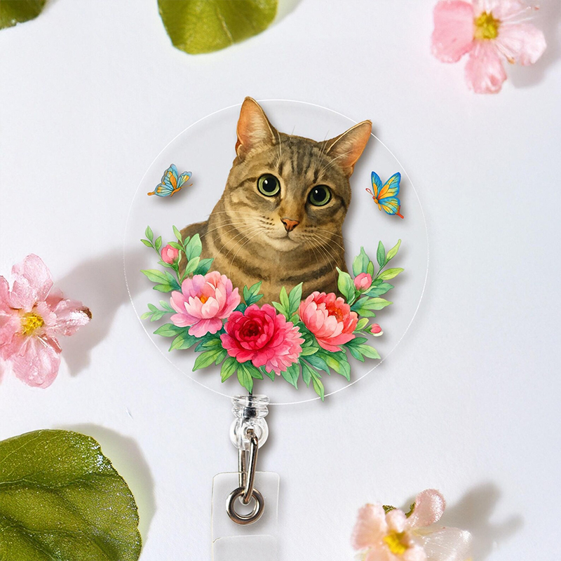 Personalized Pet Portrait Flowers Nurse Badge Reel