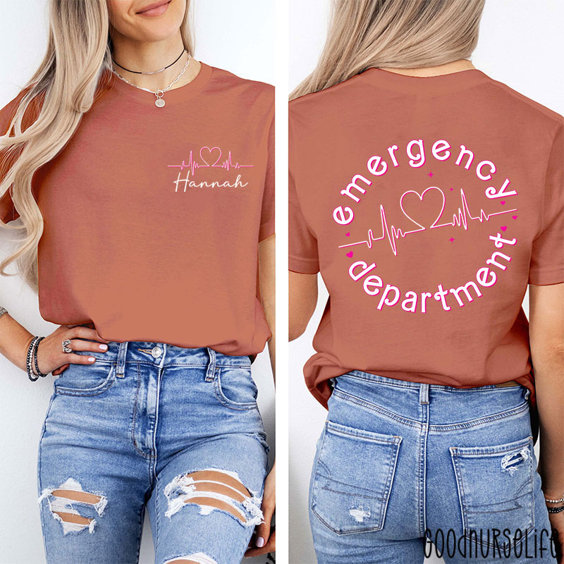 Personalized Name Heart Emergency Department Nurse Two Sided T-Shirt
