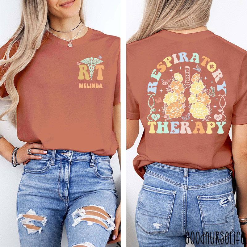 Personalized Name Flower Respiratory Therapy Two Sided T-Shirt
