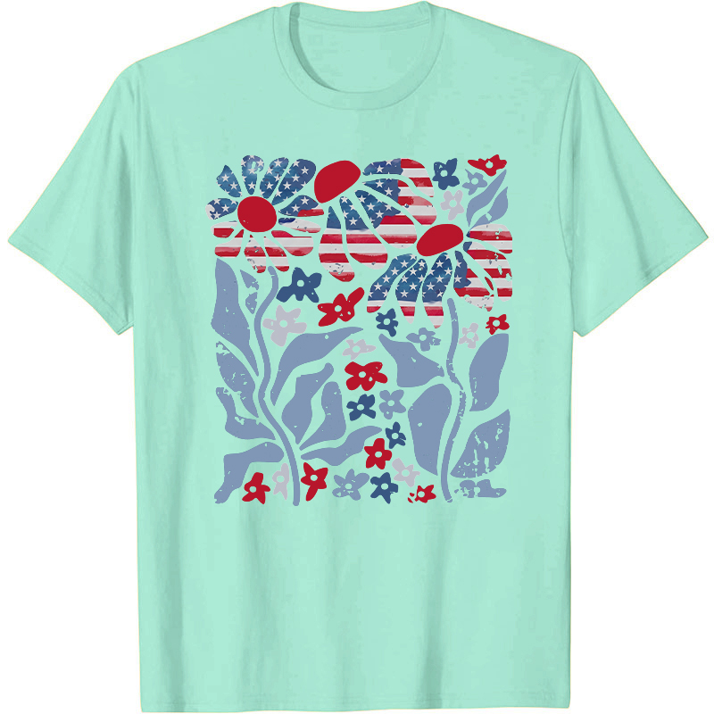 Boho Patriotic Daisy American Flag Floral Nurse T-Shirt
