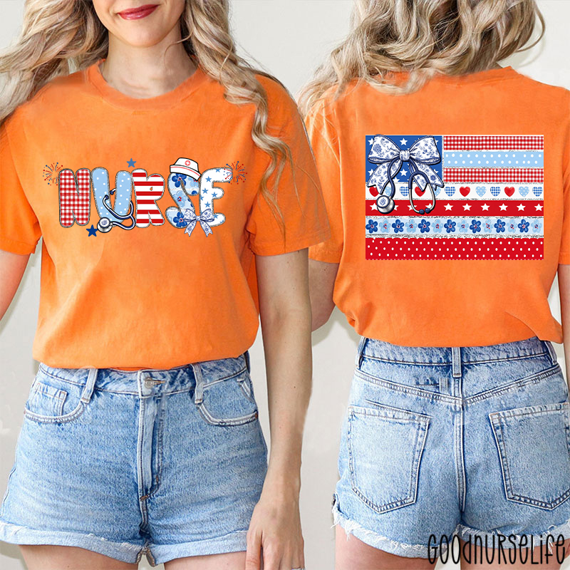 American Flag Floral Nurse Two Sided T-Shirt
