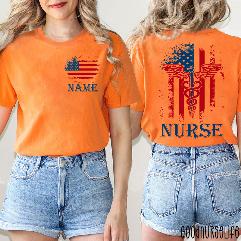 Personalized Name American Flag 4th Of July Nurse Two Sided T-Shirt