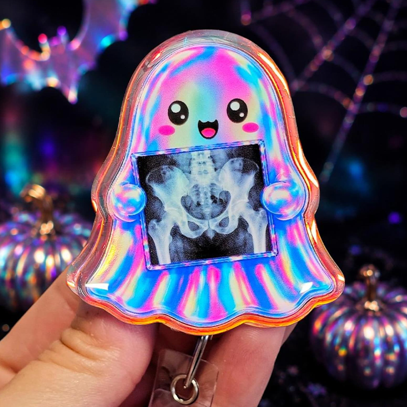 Cute Ghost Holding X‑Ray Scan Halloween Acrylic Badge Reel