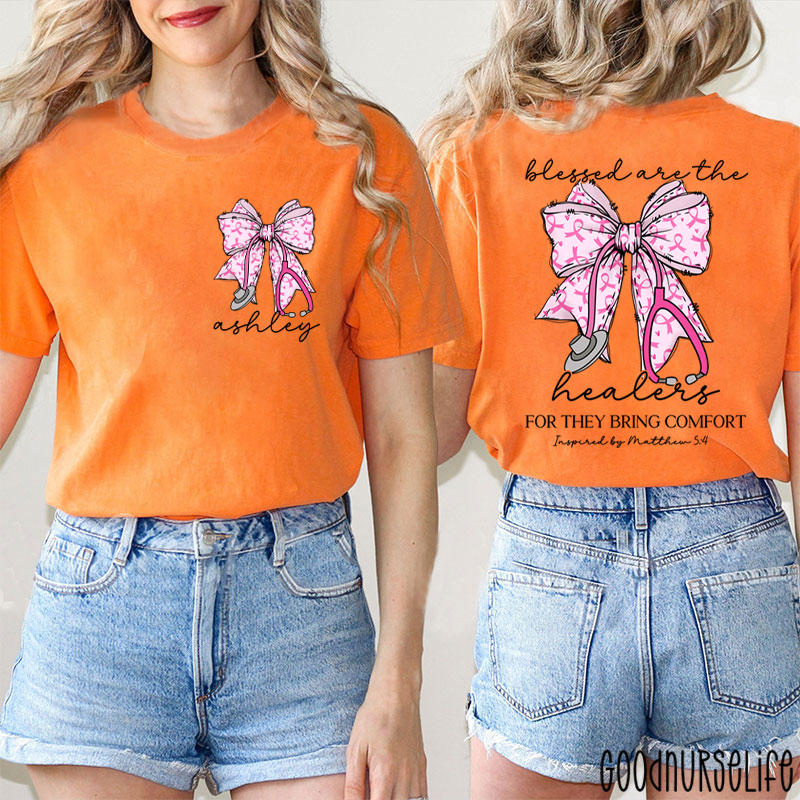 Personalized Name Blessed Are The Healers Breast Cancer Bow Nurse Two Sided T-Shirt