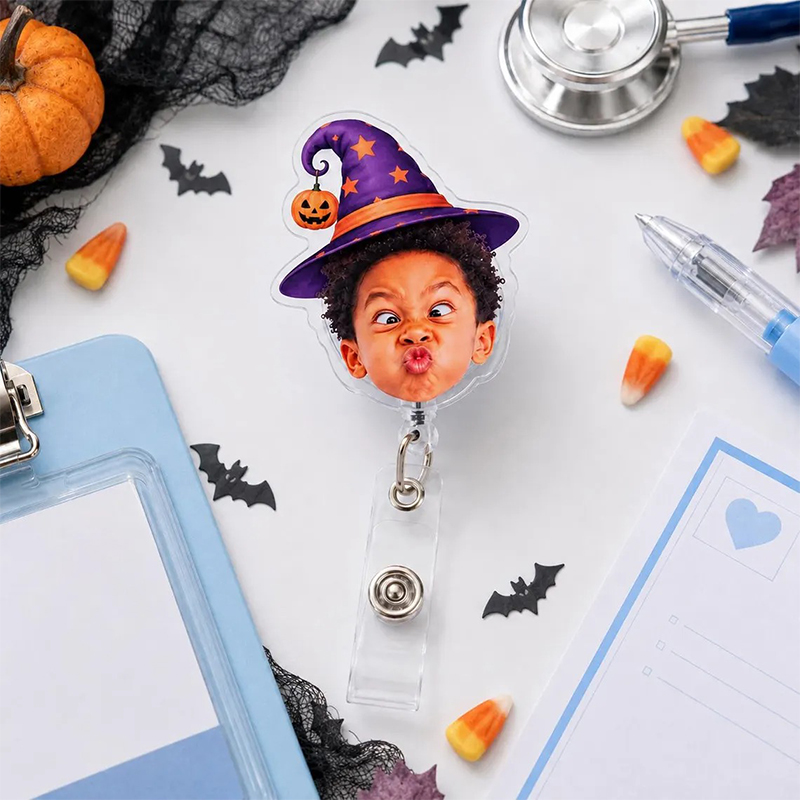 Personalized Photo Halloween Pumpkin Bat Witch Hat Nurse Badge Reel