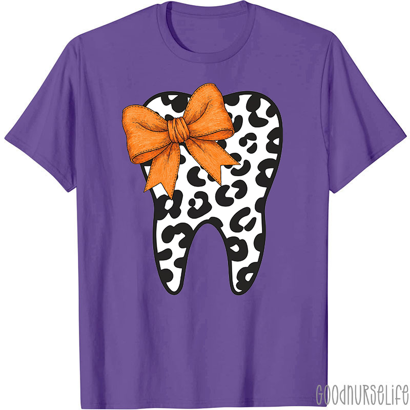 Dental Fall Bow Leopard Tooth Nurse T-Shirt