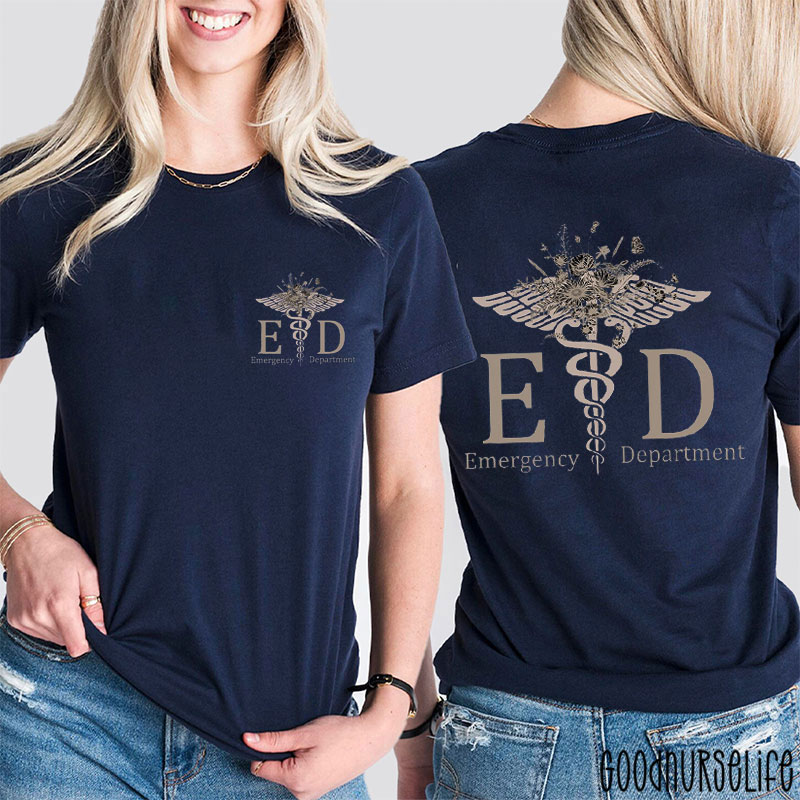 Floral Emergency Dept ED Caduceus With Blooms Nurse Two Sided T-Shirt