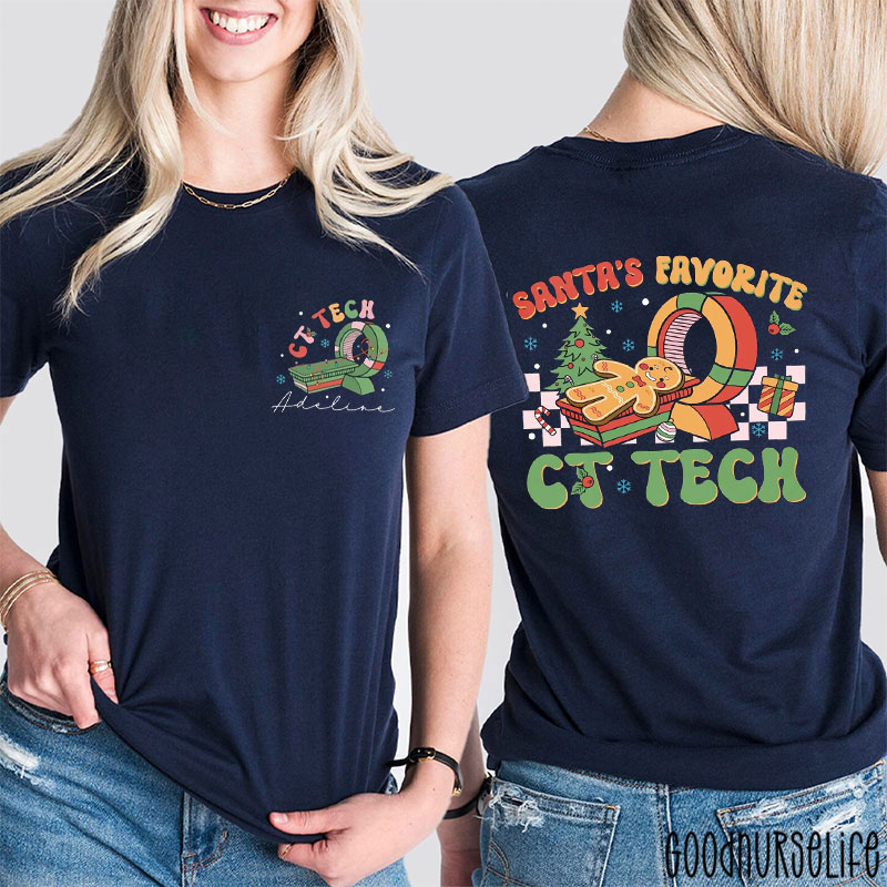 Personalized Santa's Favorite CT Tech Retro Holiday Two Sided T-Shirt