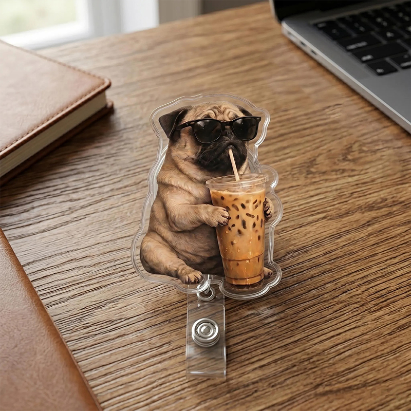 Funny Pug Drinking Iced Coffee Nurse Badge Reel