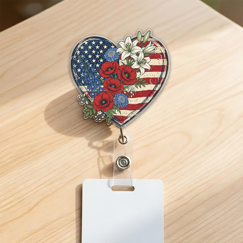 Heart USA Flag Floral Nurse Badge Reel