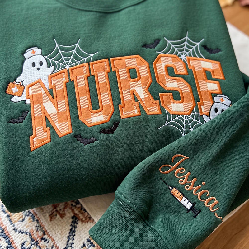 Personalized Name Halloween Nurse Ghost Embroidered Nurse Sweatshirt