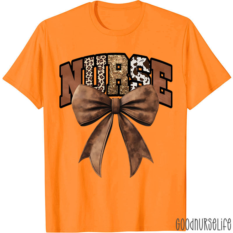 Western Gold Glitter Brown Leather Bow Nurse T-Shirt
