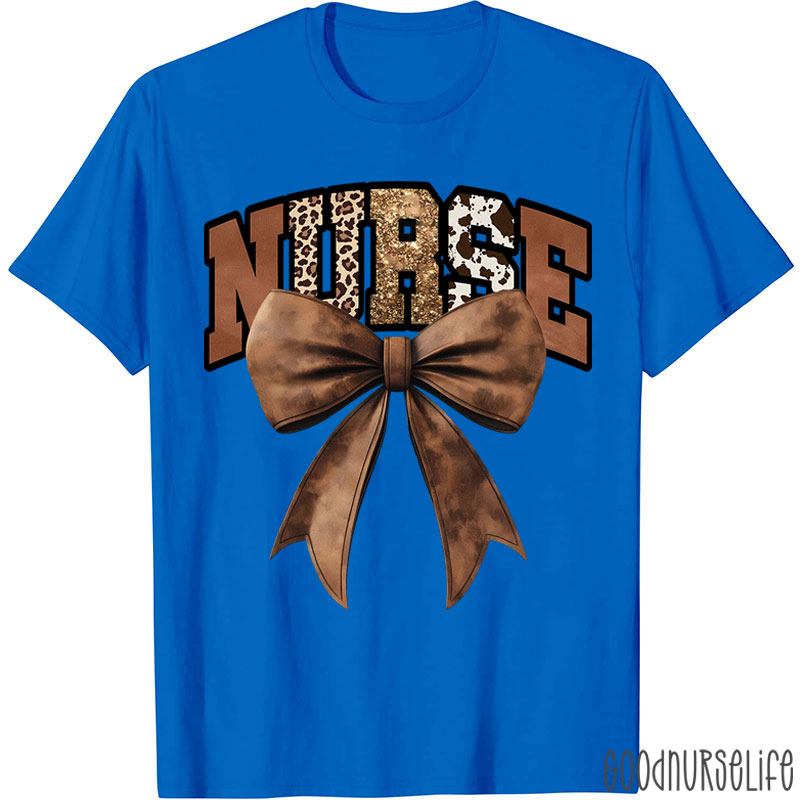 Western Gold Glitter Brown Leather Bow Nurse T-Shirt
