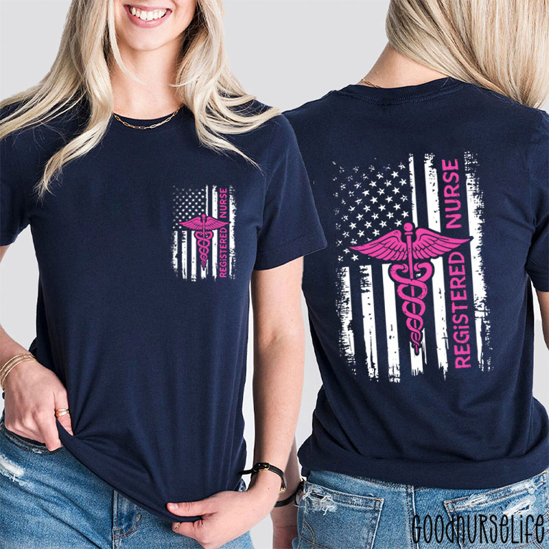 USA Flag Patriotic Registered Nurse American Flag Two Sided T-Shirt