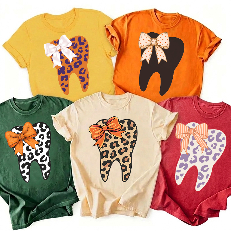 Dental Fall Bow Leopard Tooth Nurse T-Shirt
