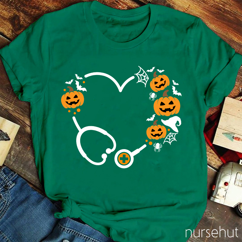 Halloween Pumpkin Stethoscope Heart Nurse T-Shirt