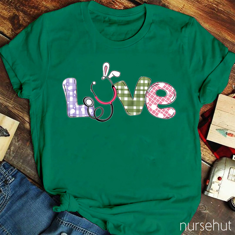 Colorful Plaid Bunny Ears Nurse T-Shirt