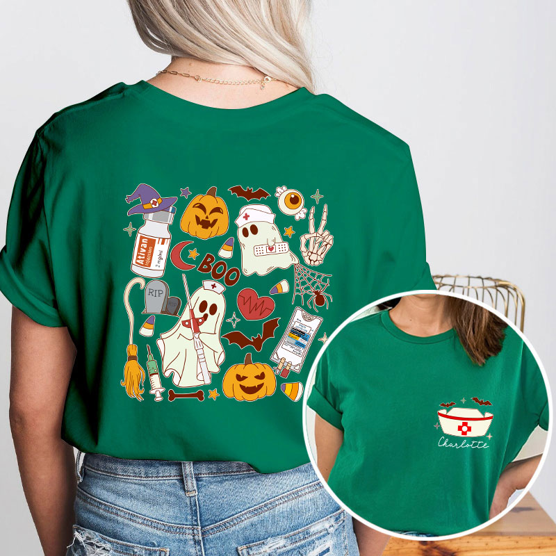 Personalized Name Halloween Boo Nurse Two Sided T-Shirt