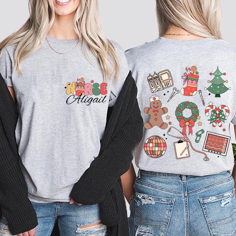Personalized Name Merry Christmas Nurse Two Sided T-Shirt