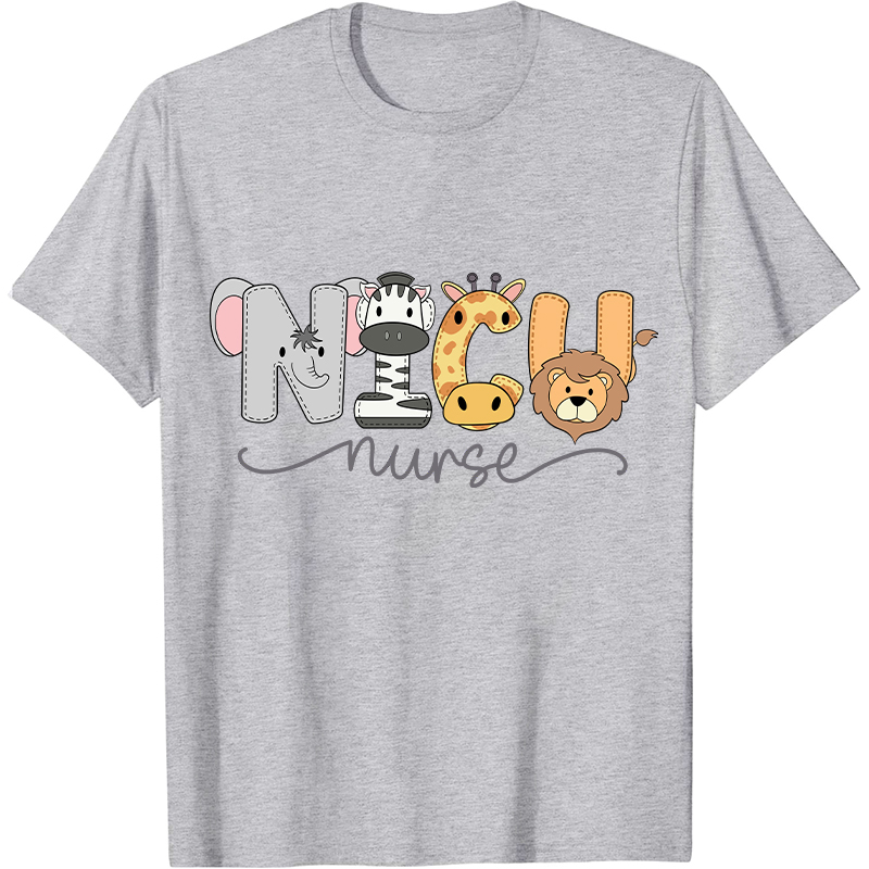 NICU Cartoon Zoo Animals Nurse T-Shirt