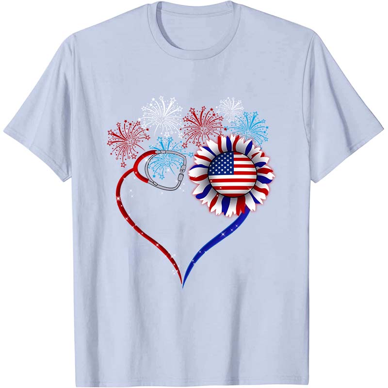 Fireworks Sunflower Stethoscope Nurse T-Shirt