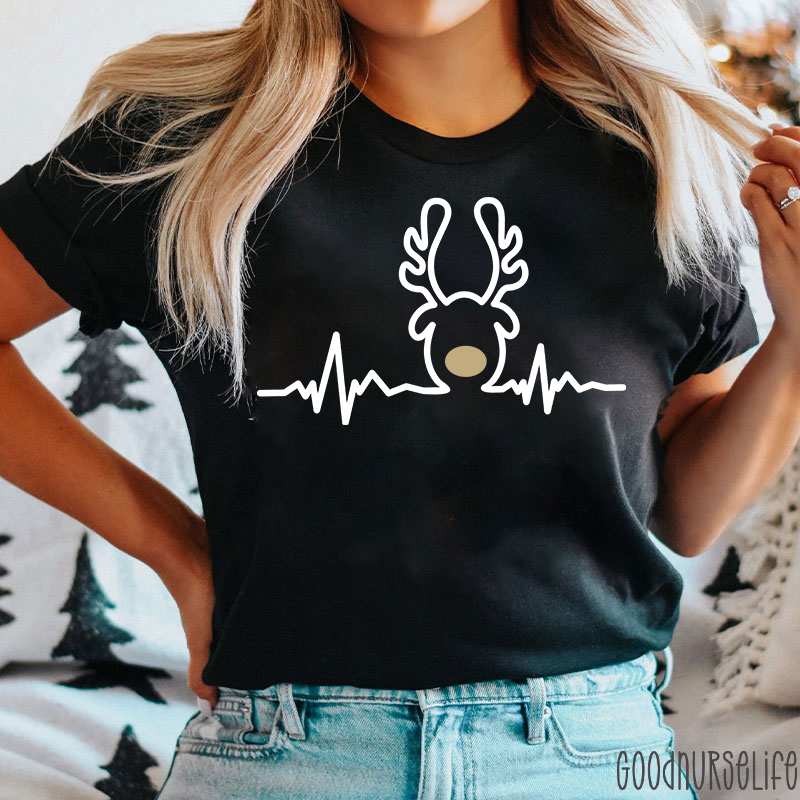 Christmas Heartbeat Reindeer Nurse T-Shirt