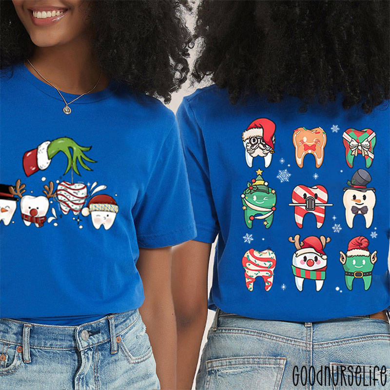 Santa Teeth Green Hand Christmas Nurse Two Sided T-Shirt