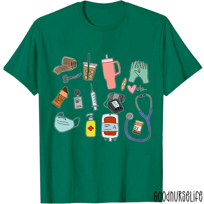 Stethoscope Coffee Mask Syringe Phone Nurse Daily Nurse T-Shirt