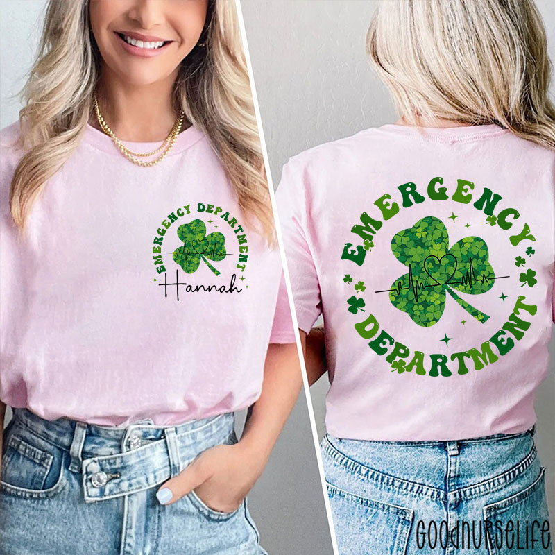Personalized Green Clover Emergency Department Nurse Two Sided T-Shirt