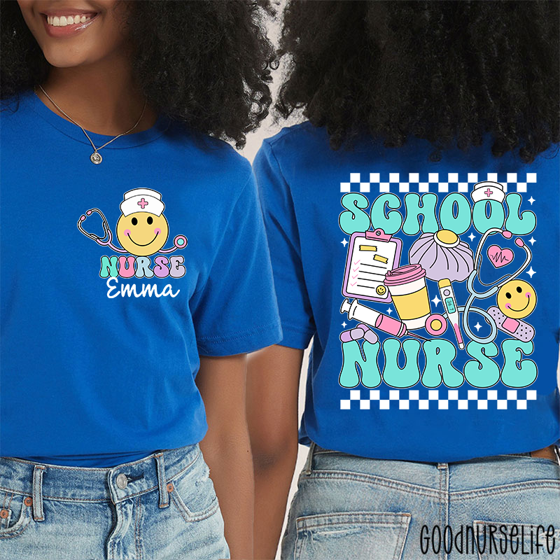 Personalized Checkerboard Smiley Face School Nurse Two Sided T-Shirt