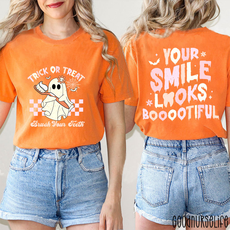 Trick Or Treat Brush Your Teeth Dentist Halloween Two Sided T-Shirt