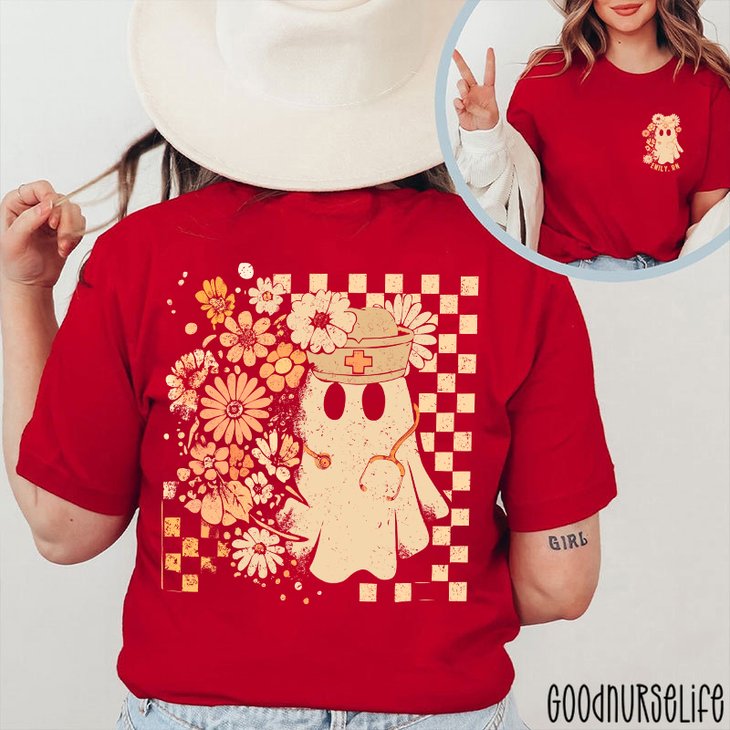 Personalized Checkerboard And Flower Ghost Nurse Two Sided T-Shirt