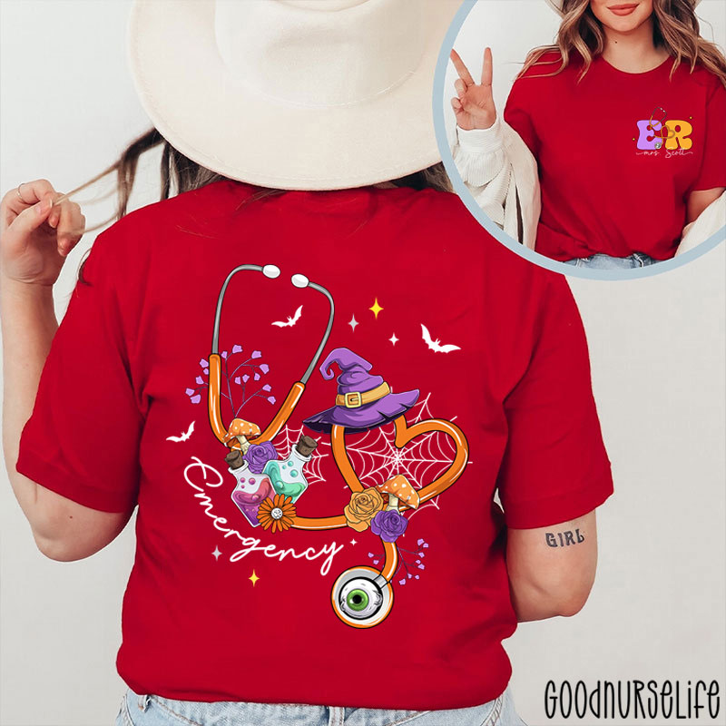 Personalized Halloween Stethoscope Emergency Two Sided T-Shirt
