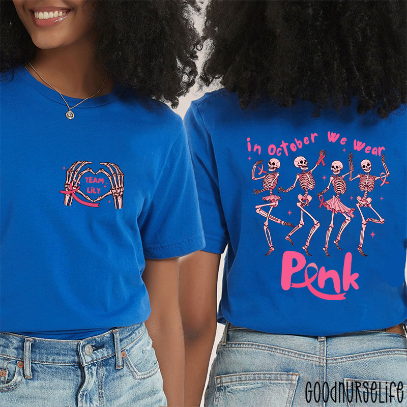 Personalized Dancing Skeletons For Breast Cancer Awareness Nurse Two Sided T-Shirt