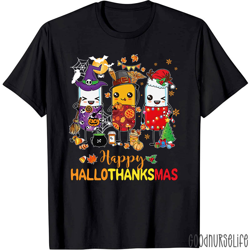 Pharmacy Holiday HalloThanksMas Pill Characters T-Shirt