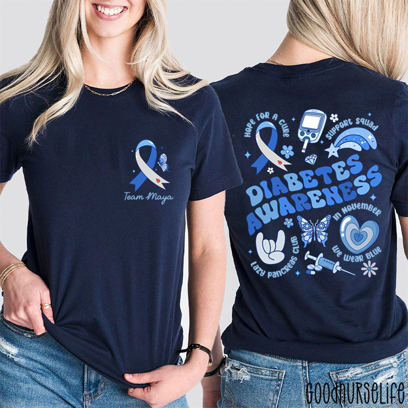 Personalized Festive Blue Diabetes Awareness Two Sided T-Shirt