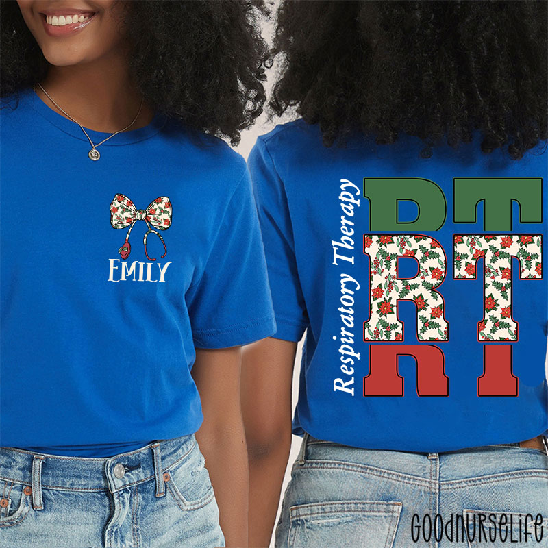Personalized Christmas Bow And Stethoscope Christmas Floral Nurse Two Sided T-Shirt