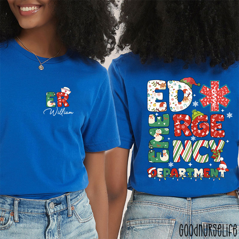 Personalized Festive ED Urgency Nurse Two Sided T-Shirt